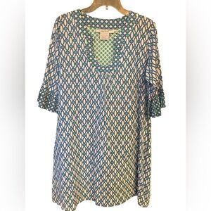 Gretchen Scott Sz L Green Blue Polka Dot Scoop Neck Pocket Cotton Dress